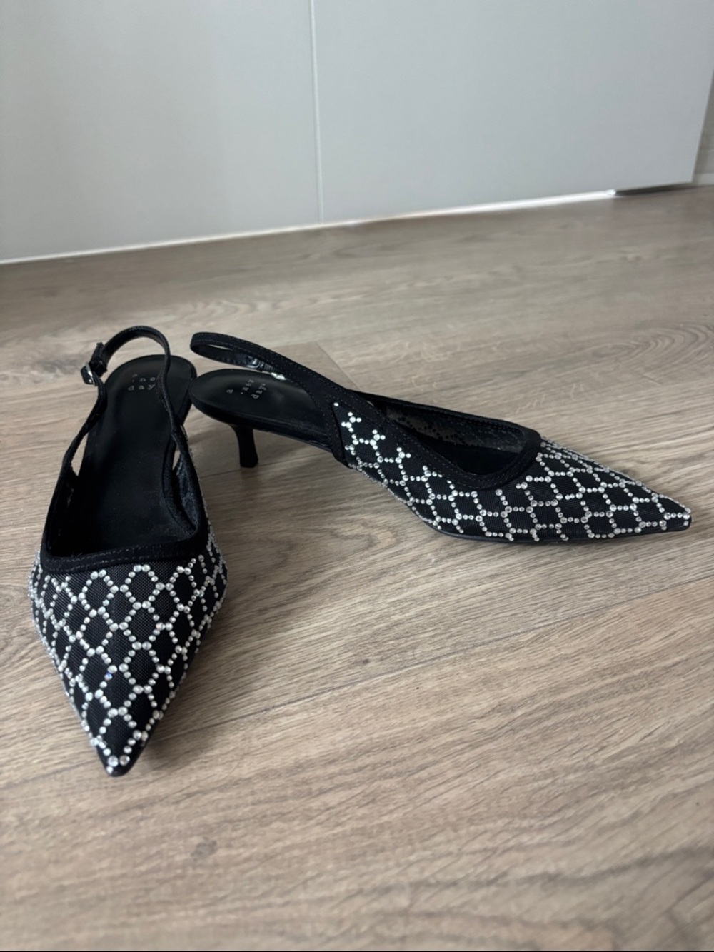 Black Slingback Pointed Toe, Kitten Heels with Crystal Accents